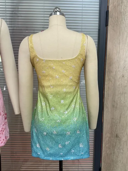 Design Sidian Form Fairy Garden Embroidered Green Glitter Mini Dress - 16