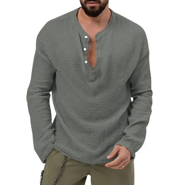 Design Linen-Blend Henley Set Beige Casual Set - 27