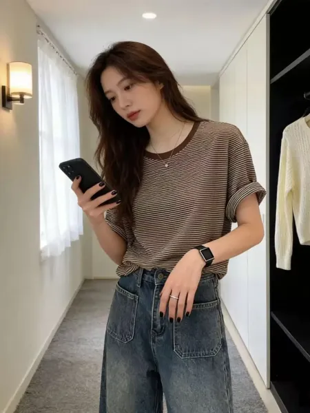 Design Striped Relaxed Fit T-Shirt Brown Beige T-Shirt - 16