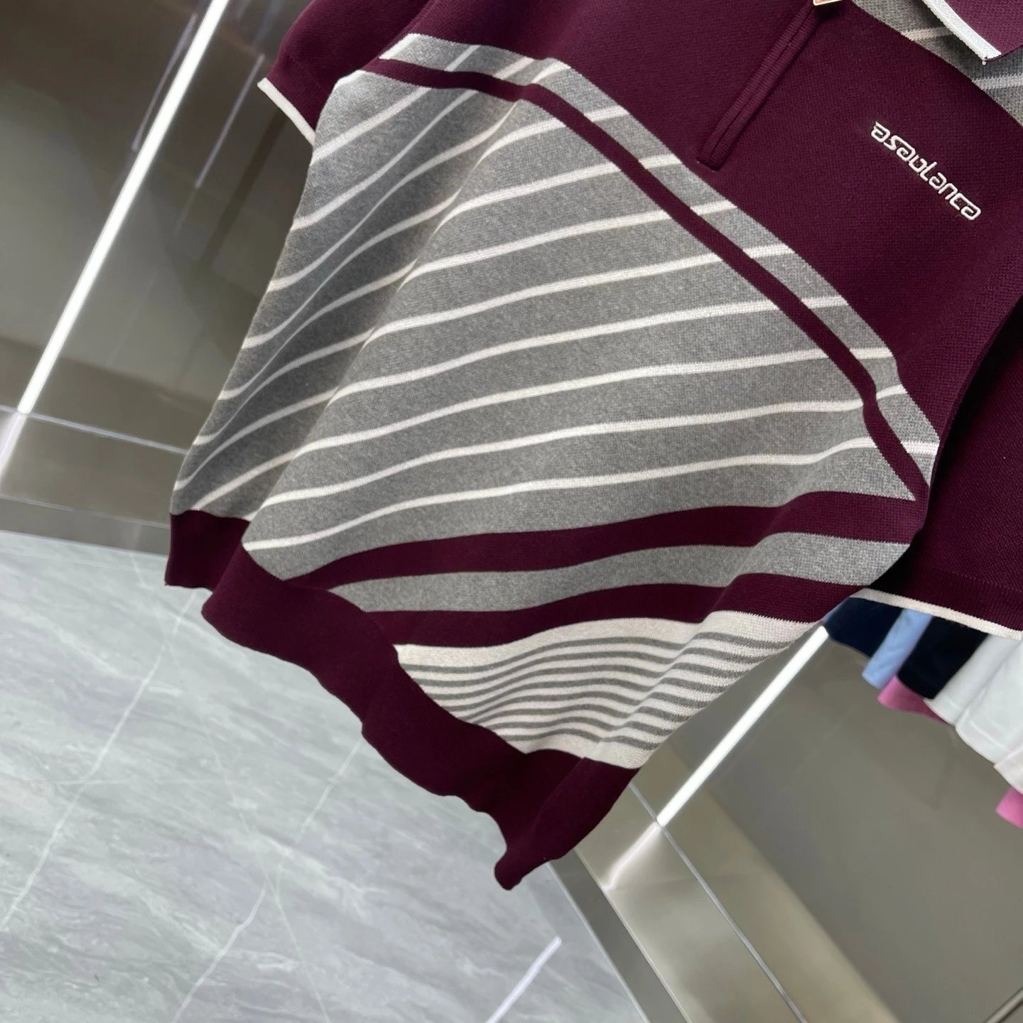 Casablanca Half-Zip Polo Burgundy Gray Striped Knit Polo Polo Shirt - 5
