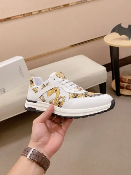 Versace Barocco Print Leather Sneakers White Gold - 2