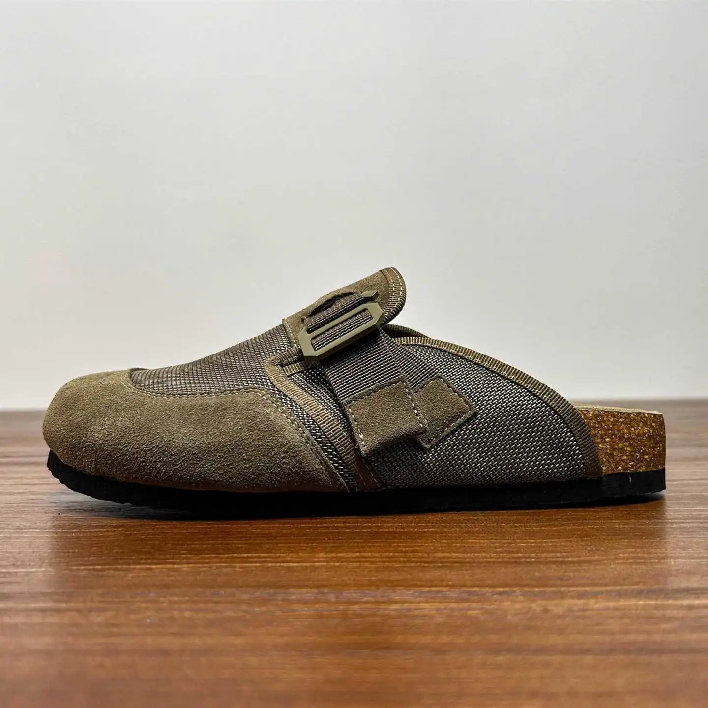 Olive Green Suede Mesh Buckle Slide Sandals