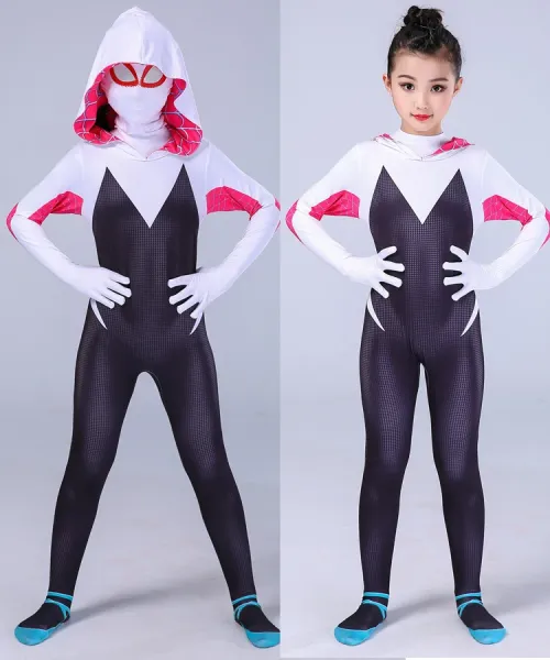 Design Spider-Gwen Inspired Full-Body Zentai Suit Purple Pink White Cosplay Costume Clothing - 7