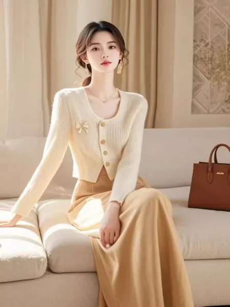 Design Ribbed Knit Cardigan with Bow Detail Beige Cardigan - 3