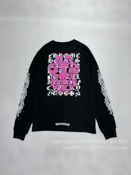 Chrome Hearts Long Sleeve Tee Black with Pink Cross and Gothic Typography T-Shirts - 1