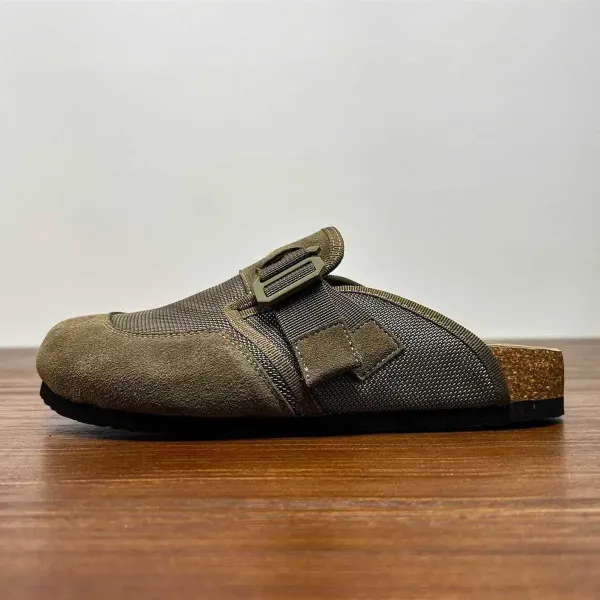 Design Buckle Strap Mule in Army Green Mesh and Suede Slippers - 8