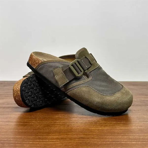 Design Buckle Strap Mule in Army Green Mesh and Suede Slippers - 10