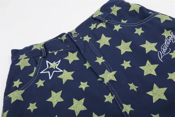 Design Star Print Denim Shorts Navy - 8