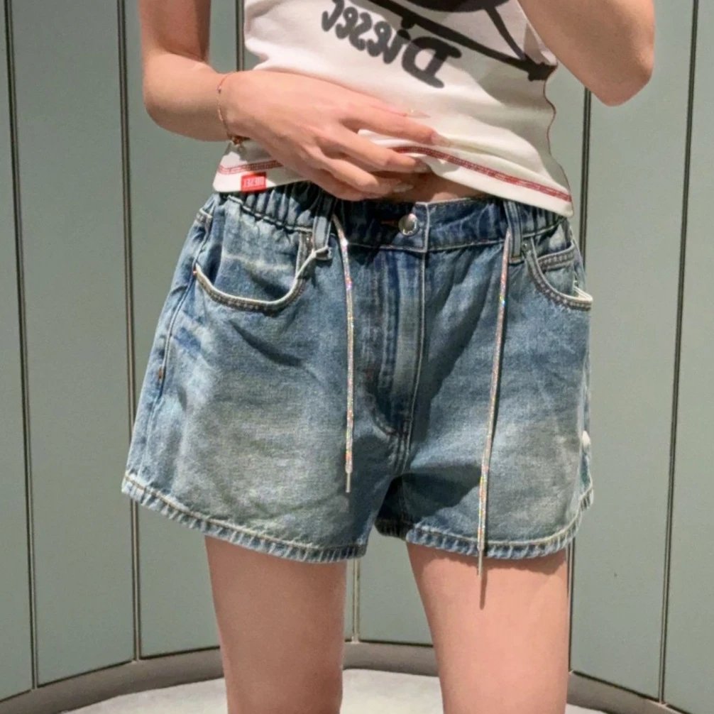 Denim Shorts Light Blue Washed Distressed High Waist