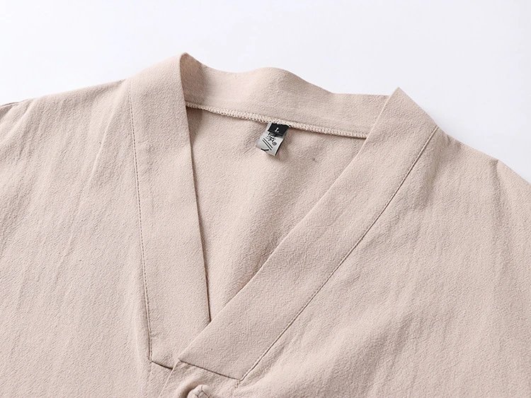 Design V-Neck Linen Button-Up Shirt Beige Tops.shirt - 9
