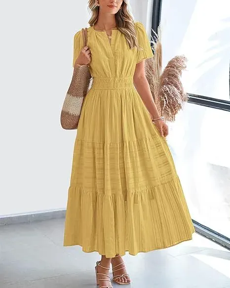 Design Tiered Ruffle Sleeve Yellow Midi Dress Dress Casual Dress - 1