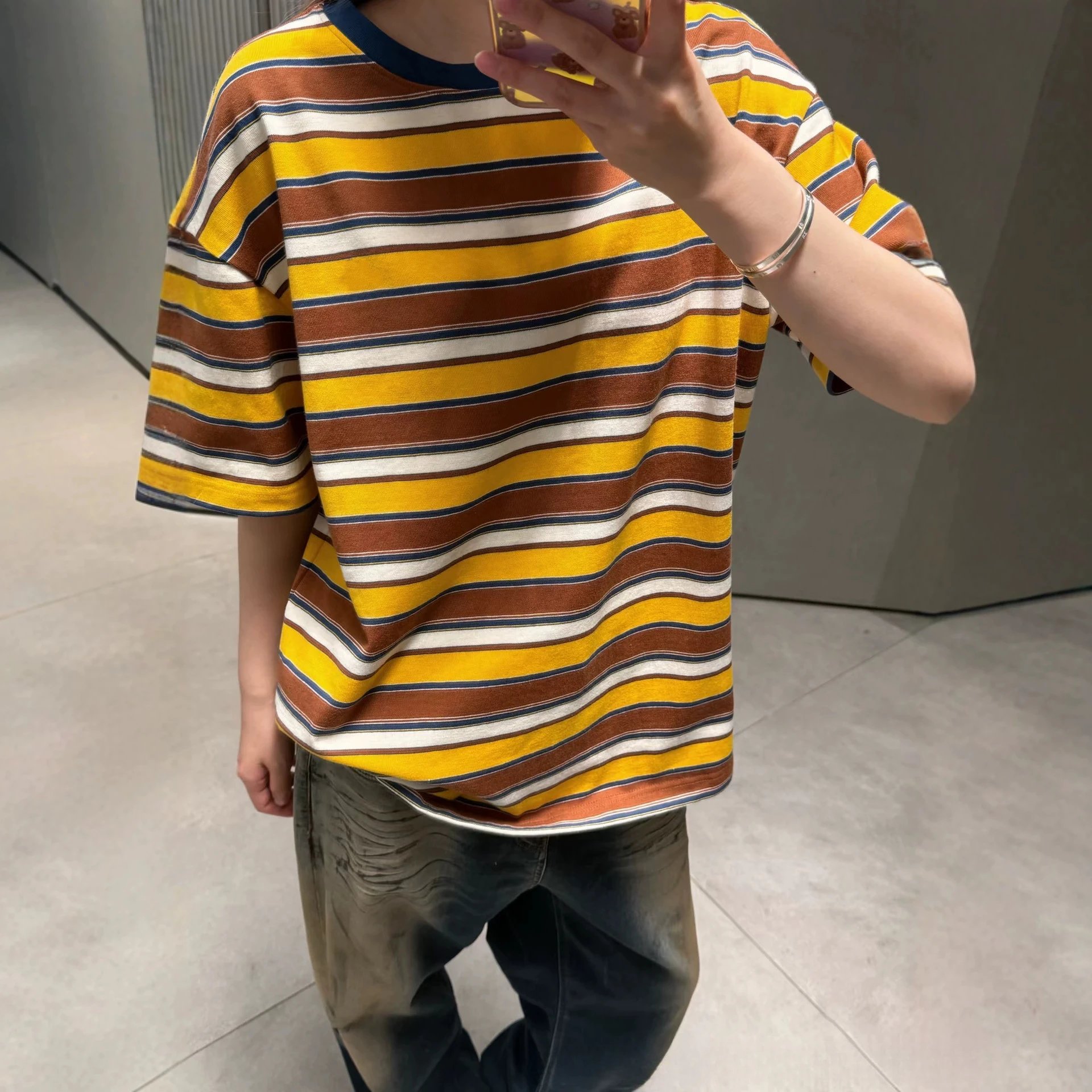 Striped Cotton T-Shirt Yellow Brown White Navy Casual