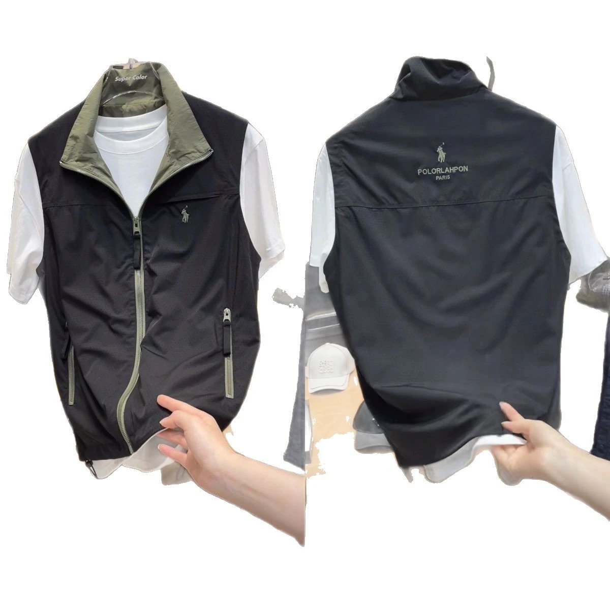 Polo Ralph Lauren Black Olive Green Zip-Up Vest
