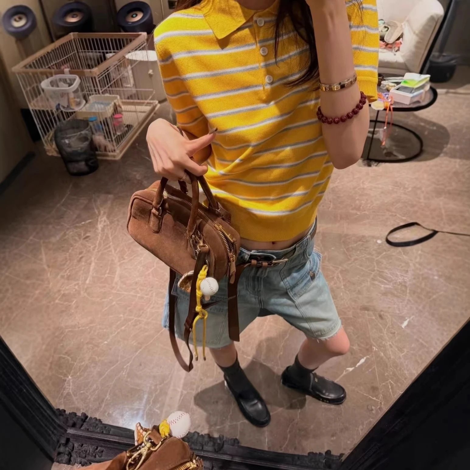 Yellow Striped Knit Polo Shirt Yellow White Casual