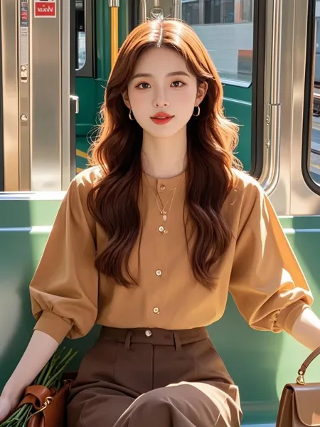 Design Button-Up Blouse in Camel with Puffed Sleeves and High-Waisted Brown Trousers Shirt - 8