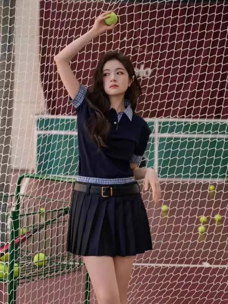 Design Layered Collar Polo Shirt Black with Gingham Trim Tops.polo - 6