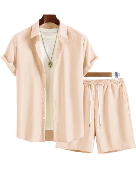 Design Lightweight Linen-Blend Shirt and Shorts Set Beige Casual Set - 12