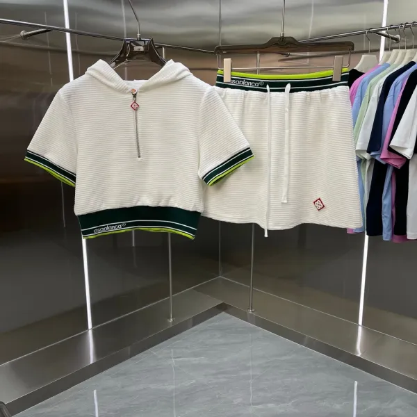 Casablanca Ribbed Cropped Hoodie and Shorts Set White with Neon Green and Dark Green Trim - 1