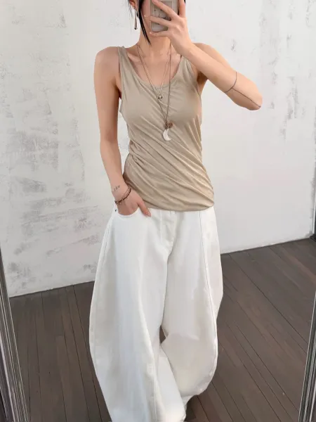 Design Basic Ruched Tank Top Beige + Wide-Leg White Pants Vest Top - 1