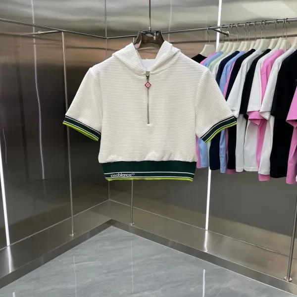 Casablanca Ribbed Cropped Hoodie and Shorts Set White with Neon Green and Dark Green Trim - 3