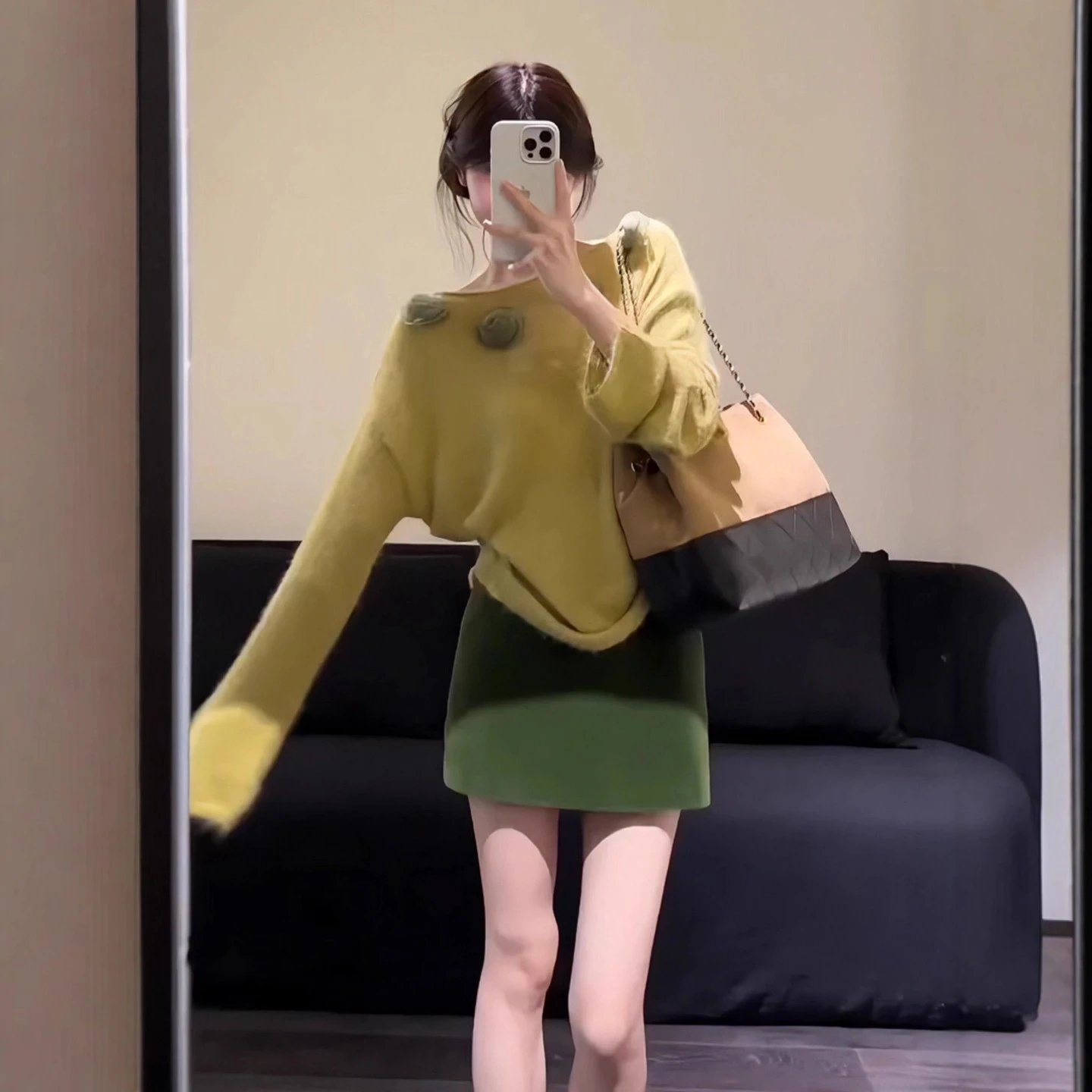Design Knit Sweater with Pompom Details in Chartreuse and Olive Green Skirt Set - 14