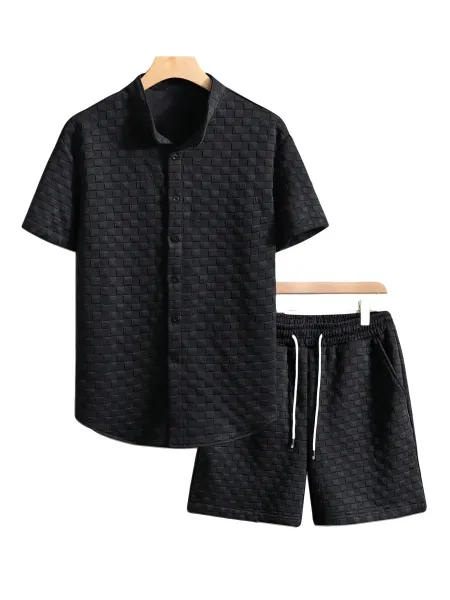 Design Woven Texture Short-Sleeve Shirt and Shorts Set Gray - 7