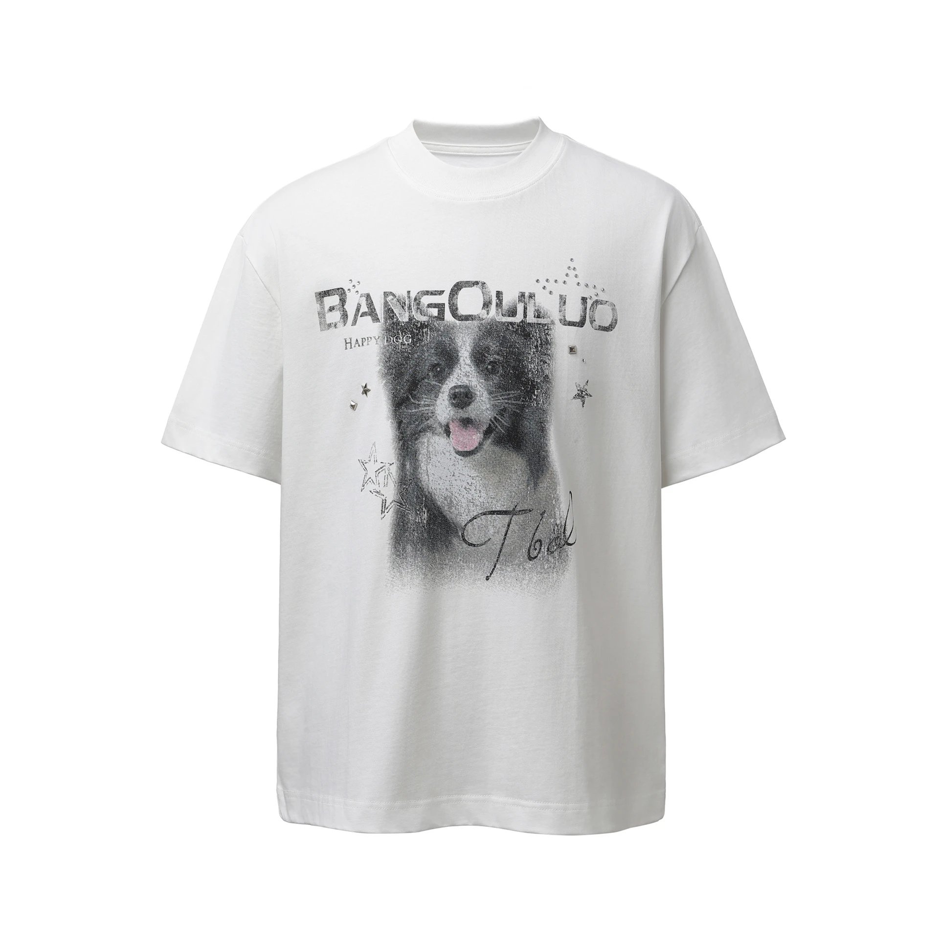 BANGQULUO Happy Dog Graphic Print White And Navy Blue Oversized T Shirt
