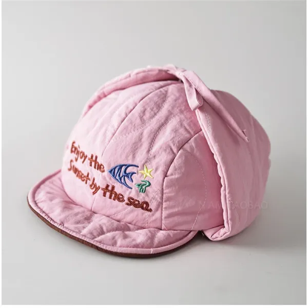 Design Quilted Sun Hat with Embroidered Sea Motif Pink Hat - 1