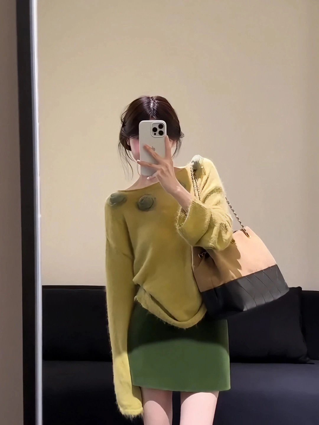 Design Knit Sweater with Pompom Details in Chartreuse and Olive Green Skirt Set - 8