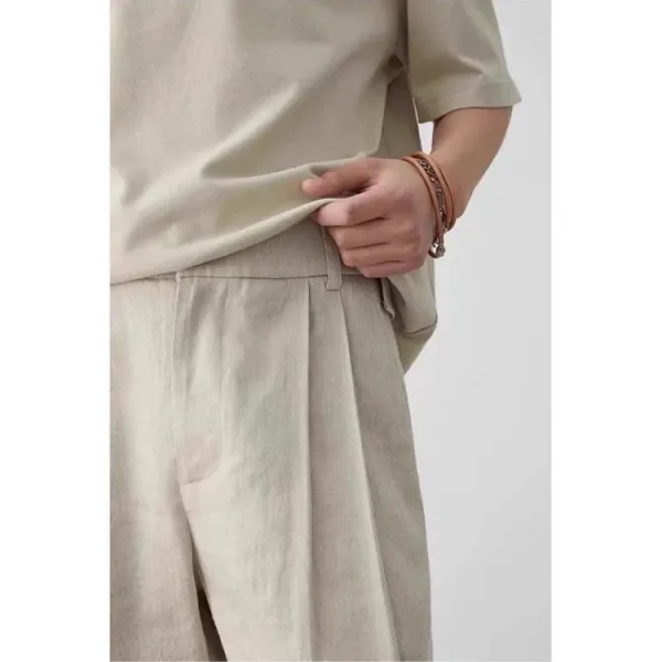 Design Striped Oversized T-Shirt and Beige Pleated Trousers with White Platform Sneakers Pants - 9