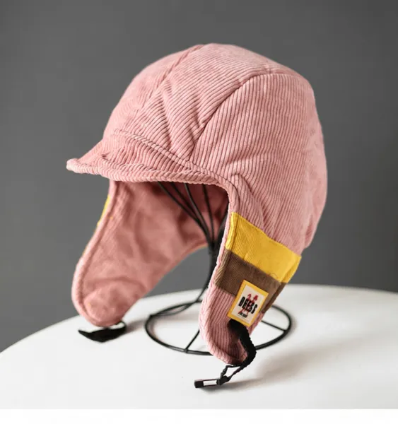 Design Aviator-Style Corduroy Earflap Hat Pink with Yellow-Brown Patch - 1