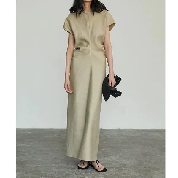Design Minimalist Beige A-Line Maxi Dress with Cap Sleeves - 7