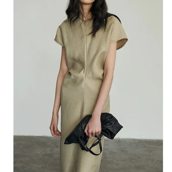 Design Minimalist Beige A-Line Maxi Dress with Cap Sleeves - 6