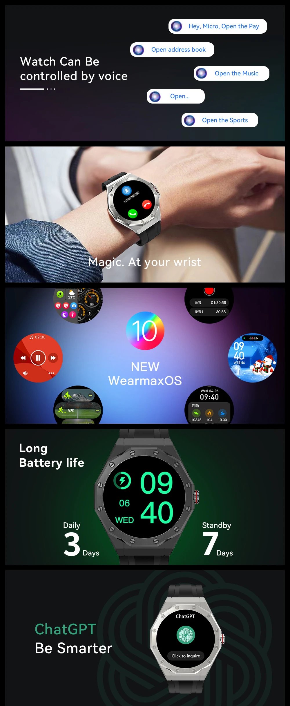 Design Octagonal Smartwatch Black and Brown Leather Strap Smartwatch - 3