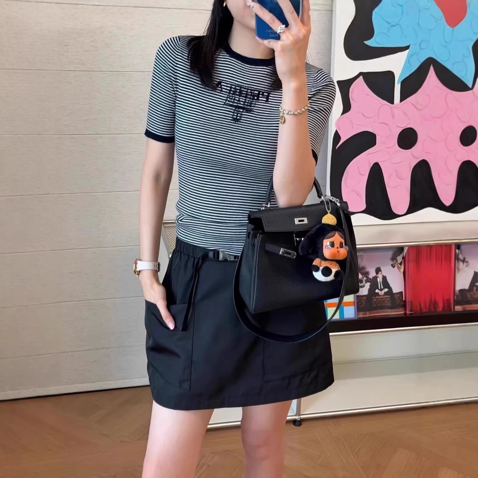 Striped Ribbed Knit Tee Black and White Graphic Casual Top