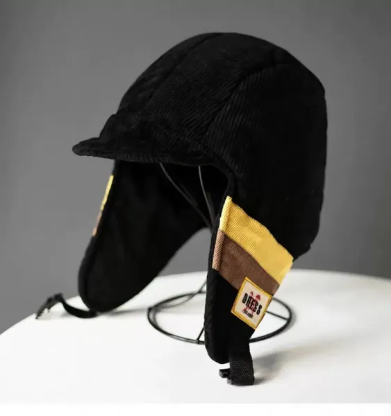 Design DRESS Black Corduroy Aviator Hat with Yellow-Brown Stripe Hats - 1