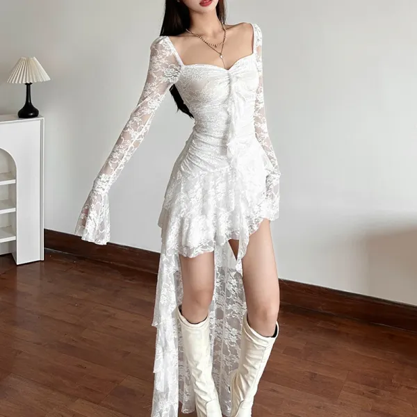 Design Lace Ruched Asymmetrical Maxi Dress White - 13