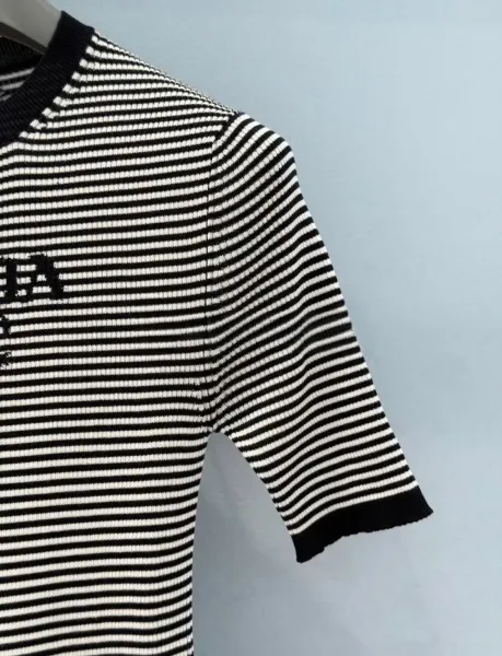Prada Striped Ribbed Knit T-Shirt Black and White - 6