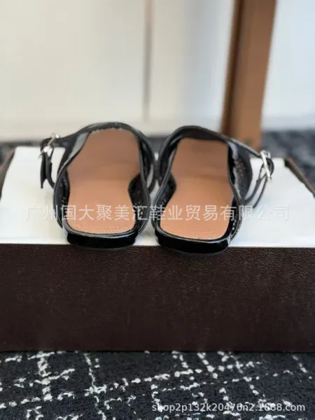 Design Mesh Mule with Patent Strap Black Shoes Slippers - 21