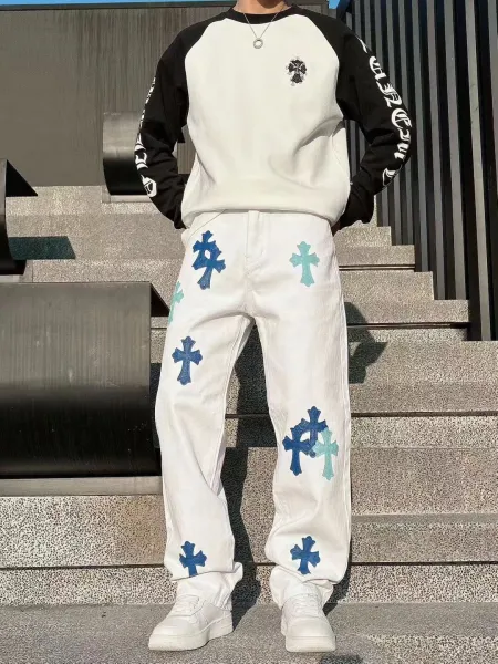 Chrome Hearts Cross-Embroidered Raglan Sweatshirt and Denim Pants Set White / Blue - 1