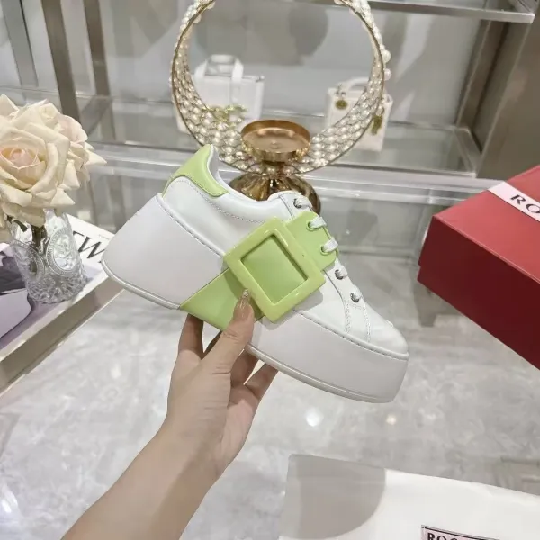 Roger Vivier Rockstud Spike Platform Sneakers White Lime Green Chunky Sneakers - 1