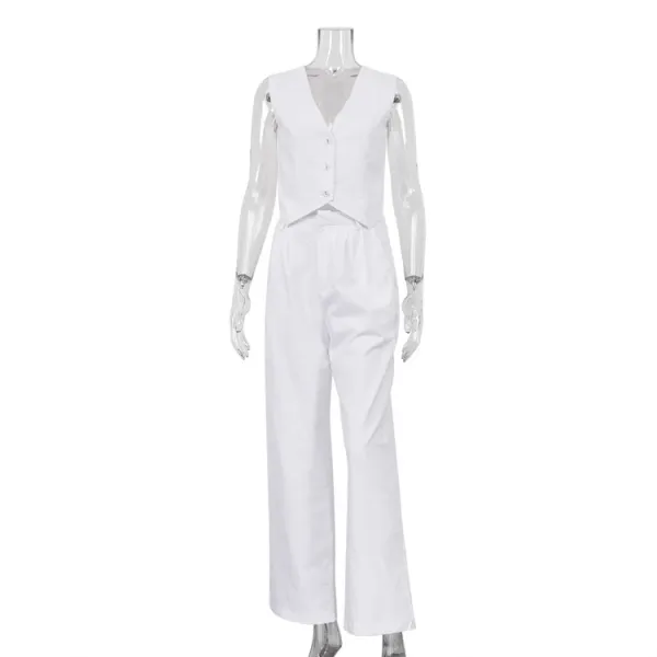 Design Beige Tailored Vest and Wide-Leg Pants Set Sets - 16
