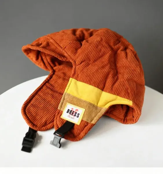 Design DRESS Aviator-Style Corduroy Earflap Hat Orange with Yellow Accents Hats - 1