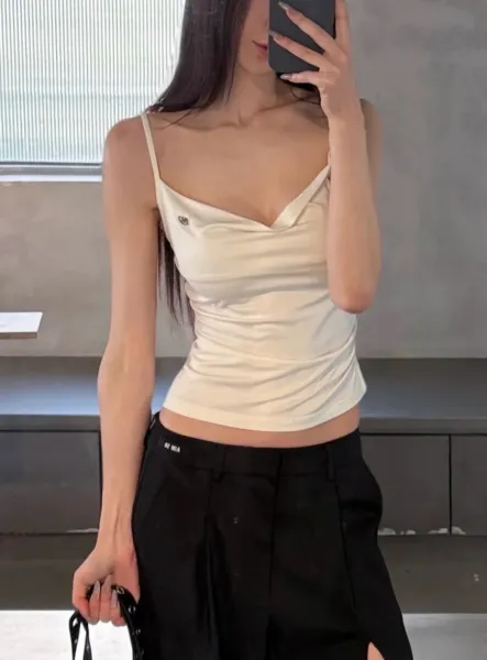 Design Cream Satin Cami Top with Logo Detail and Black Pleated Trousers - 8