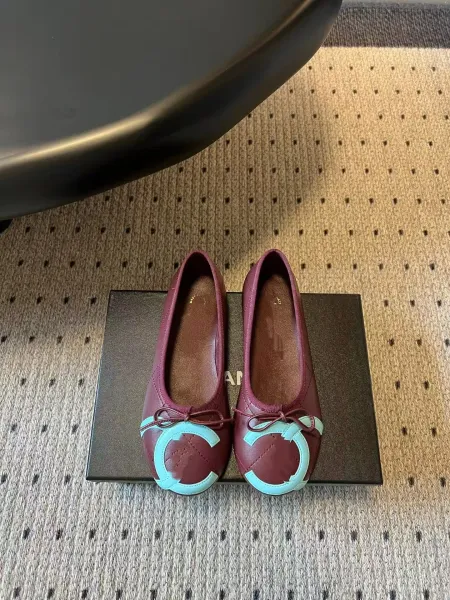 Chanel Ballerina Flats Burgundy with Mint Green CC Logo Casual Shoes - 1