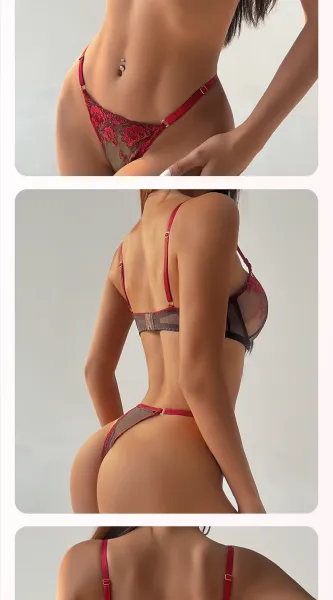 Design Elegant Lace Detailing Red and Black Floral Lace Bra and Thong Set Underwear - 6