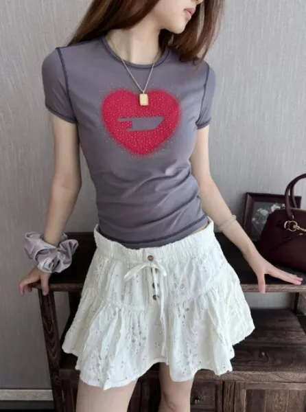 Design Heart Graphic Rhinestone Embellished Pink T-Shirt - 4