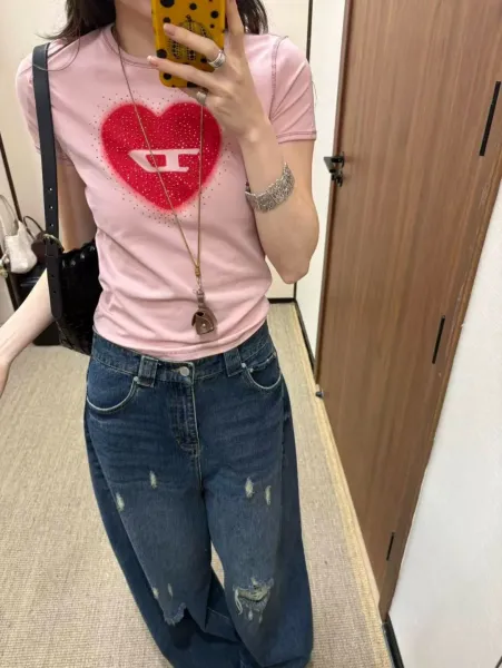 Design Heart Graphic Rhinestone Embellished Pink T-Shirt - 6