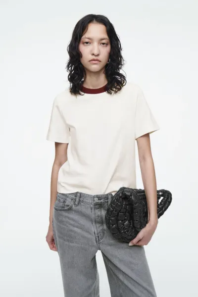Design Ringer T-Shirt Off-White with Burgundy Collar - 2