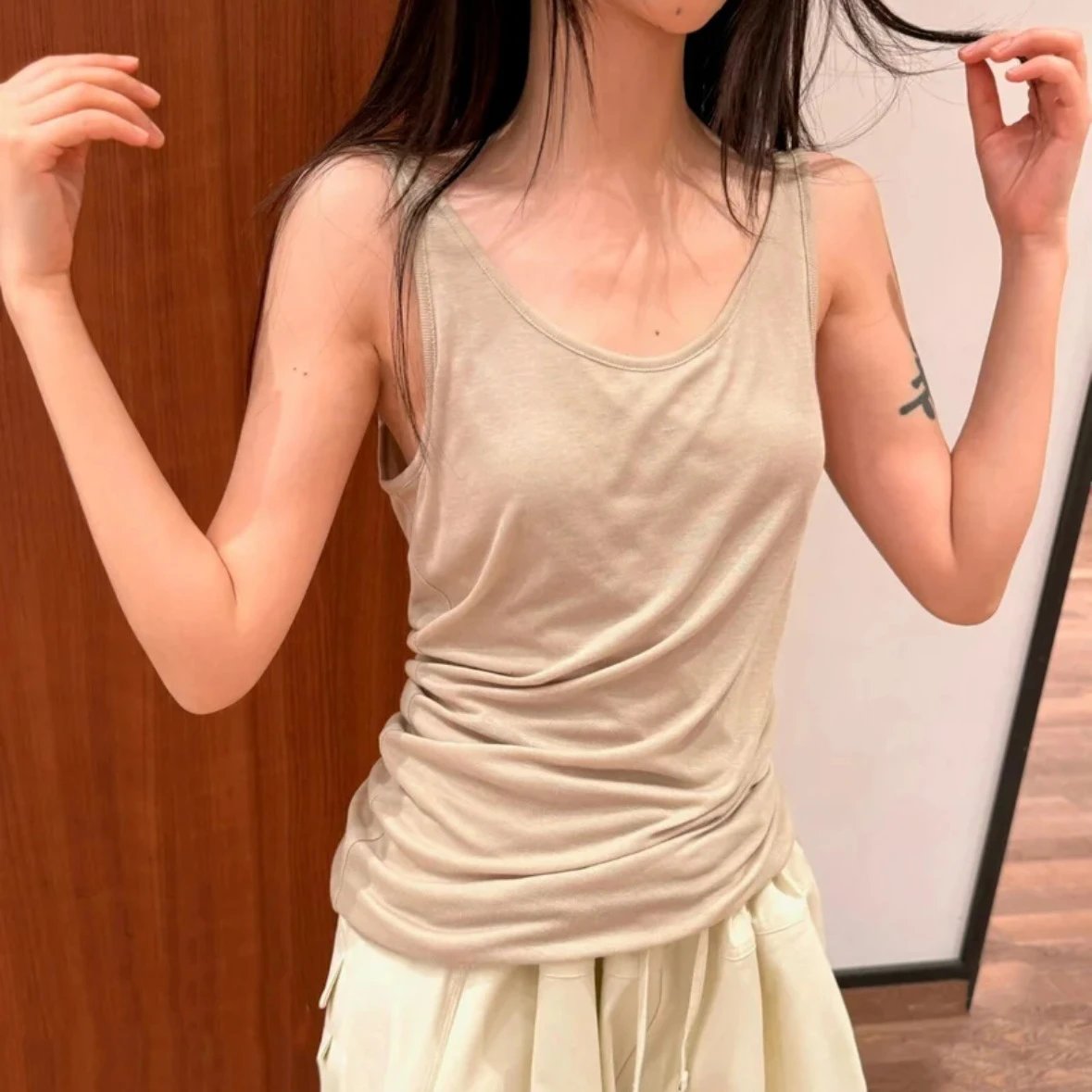 Cotton Blend Ruched Tan Sleeveless Tank Top